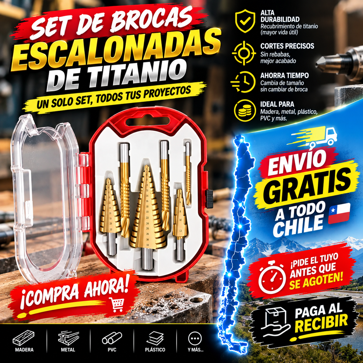 Brocas Escalonada de Titanio 6 Pieza
