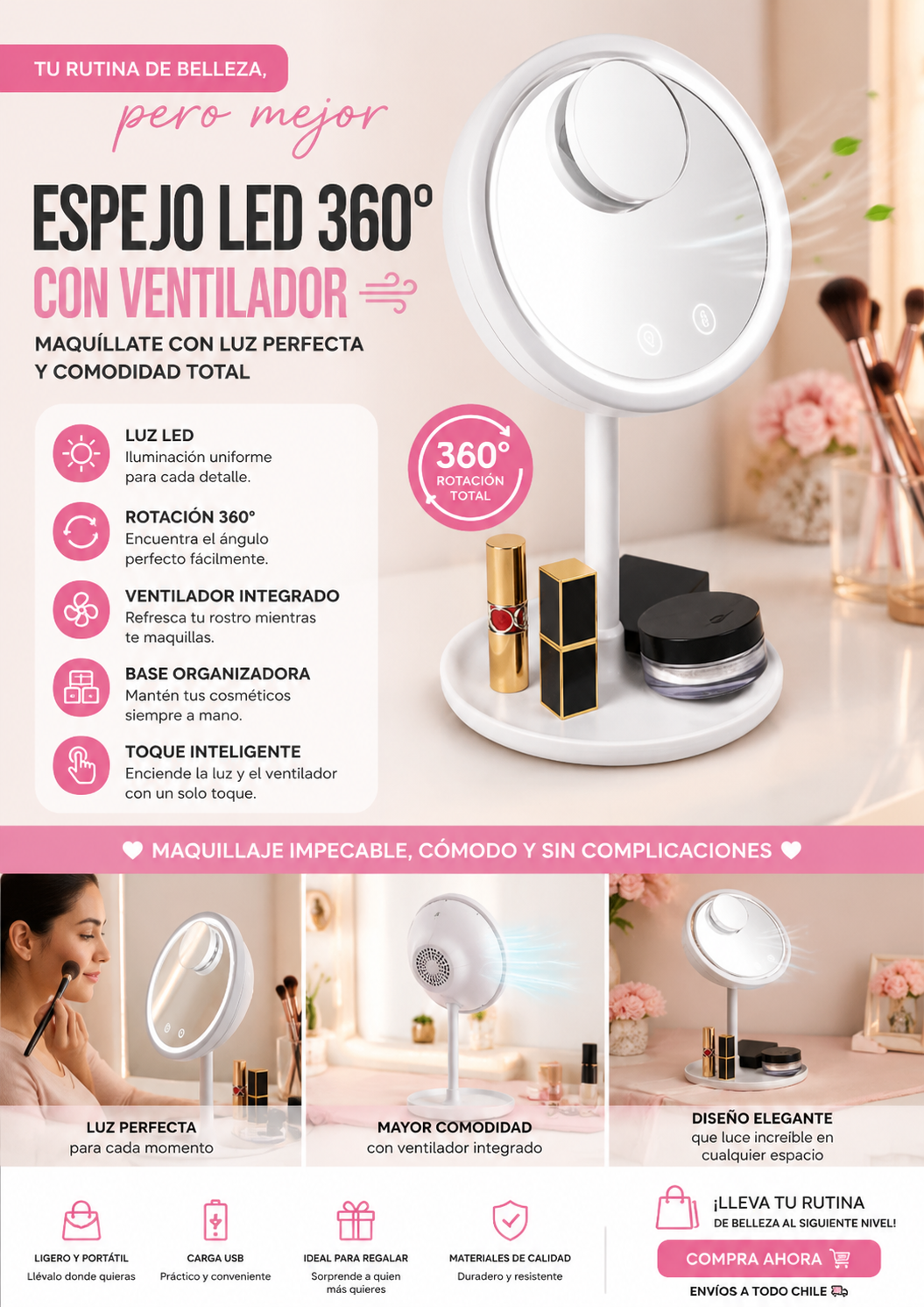 Espejo 360° Maquillaje LED y Ventilador