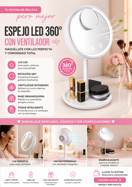 Espejo 360° Maquillaje LED y Ventilador
