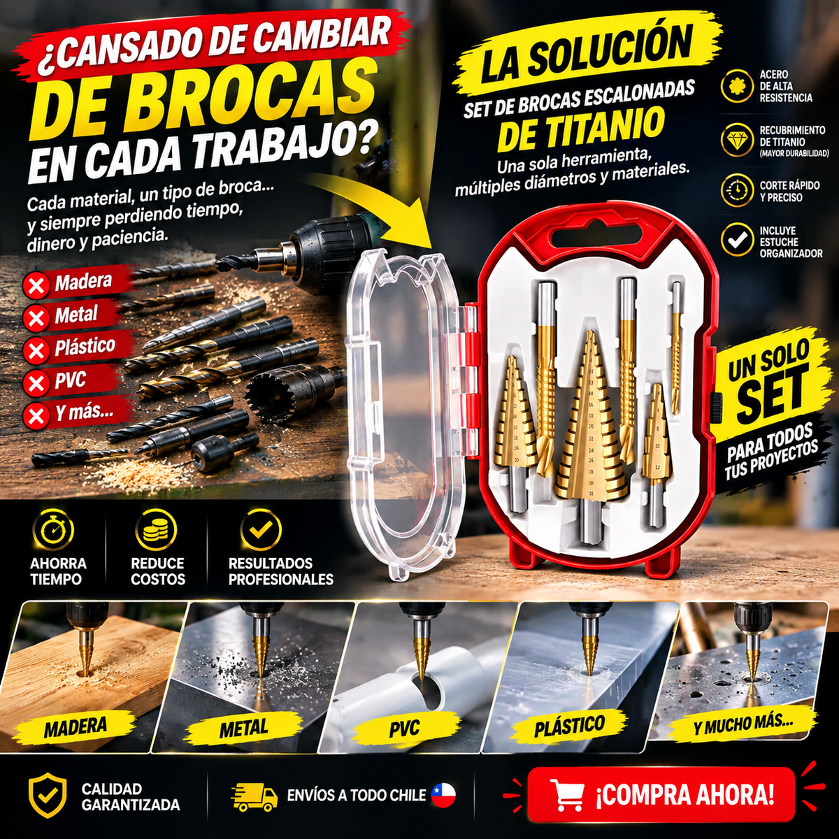Brocas Escalonada de Titanio 6 Pieza