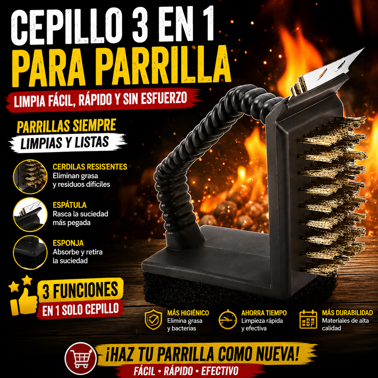 CEPILLO PARA PARRILLA 3 EN 1 LIMPIADOR