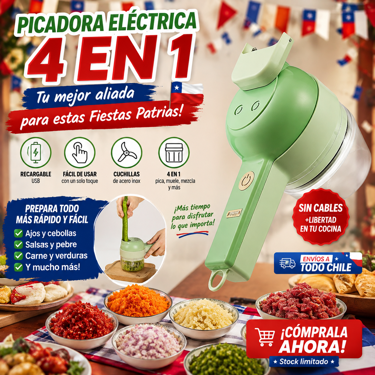 Picadora eléctrica Recargable 4 en 1